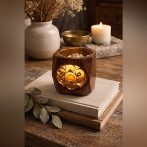 Vintage Swiss Wooden Candle Holder Bühler Handarbeit Luminarc Glass